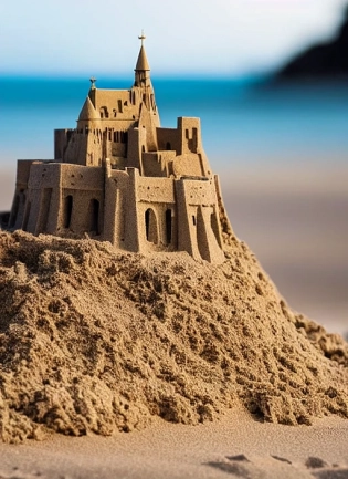 (sand castle:1) representing Mont Saint Michel miniature on the beach, ultra realistic photo, extreme details, macro photography