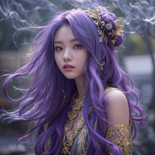 Genki Girl 32K?tmasterpiece?k hd?hyper HD?32K?Long flowing bright purple hair?Autumn Pond?zydink? a color? Asian people ?Genki girl?? ?Silk scarf?? Combat posture? looking at the ground? long whitr hair? Floating bright purple? Fire cloud pattern gold tiara? Chinese long-sleeved gold silk garment? ?Abstract metaverse splash?1.2?? white backgrounid?Lotus vitality protector?realisticlying?1.4??Bright purple hair?Smoke on the road?The background is pure? A high resolution? the detail? RAW photogr? Sharp Re? Nikon D850 Film Stock Photo by Jefferies Lee 4 Kodak Portra 400 Camera F1.6 shots, Rich colors, ultra-realistic vivid textures, Dramatic lighting, Unreal Engine Art Station Trend, cinestir 800?A girl with long flowing bright purple hair