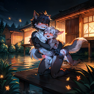 (Meisterwerk: 1,3), (2D: 1,0), (Anime: 1,0), (Illustration: 1,0). close up of a 16 year old male wolf bent over against at a wall by another 16 year old male wolf, bent over, bending over, hands on wall, hands on waist, close, embrace, humping ass, penetrating ass, making love, penetration, standing, standing behind, behind, one behind the other, from behind, uploaded to e621, erect, erection, big genitalia, 16 years old, small, red eyes, (masterpiece:1.2),(anatomically correct:1.1), shota, shota boy, boy, high quality:1.3, 2 arms, 2 legs, 1 tail, open mouth, closed eyes, looking up, blushing, cum, cum out, erotic, ass, plump ass, night, wooden hut, stars, falling leaves, trees, wind, bushes, river, low saturation, simple color palette