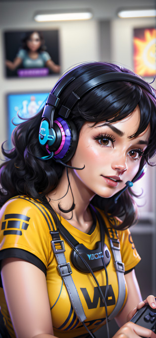 (best quality) (detailed description) woman playing on mobile phone, with curly, black hair and a yellow shirt, her face framed with curls, playing, wearing headset for games, holding the game controller, using a headset for games, playing video games, Twitch streamer, streamer, playing games,
