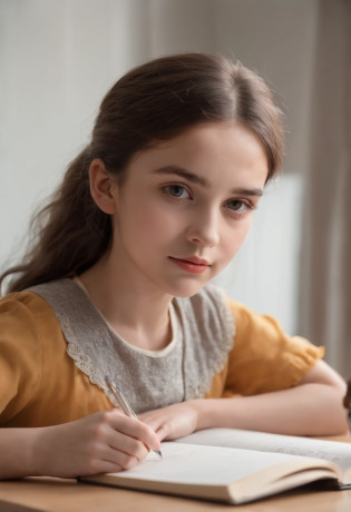(best quality,4k,8k,highres,masterpiece:1.2),ultra-detailed,(realistic,photorealistic,photo-realistic:1.37),A young girl, about 10 years old, sits at her desk in her bedroom. She is wearing a school uniform and has her hair tied back in a ponytail. She is focused on her homework, which is spread out in front of her. There is a poster of her favorite band on the wall behind her, some books and a lamp is on table in front of her, lamp is glowing softly, She is using a pencil to write in a notebook. The room is well-lit by a desk lamp. There is ,beautiful detailed eyes,beautiful detailed lips, extremely detailed eyes and face,,curly hair,focused expression,concentrating,intense concentration, magical pencil,glowing magical pencil,vivid colors,colorful pencils,and,table,sketching,new school,children,