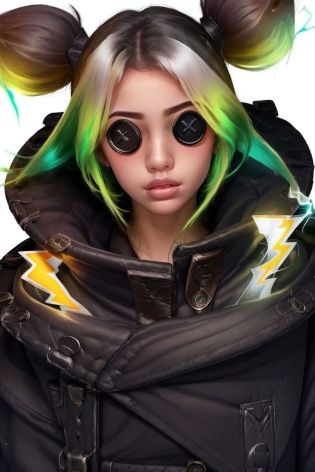 from below, close up, girl, solo, twintails,electricity, white background, <lora:Zeri:1> black eyescrl,  <lora:ButtonEyes_V1:1>