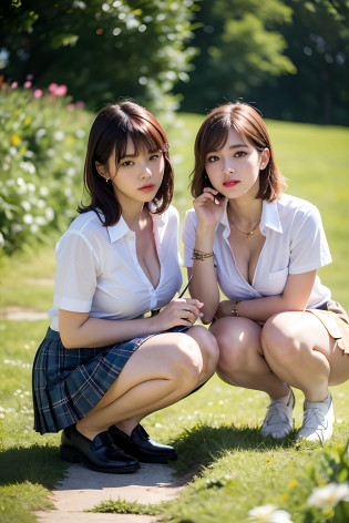 NSFW, 8K Raw photograph, Best quality, Masterpiece, ?????, filmgrain, filmg, (((Two girls,duo))), view the viewer, Natural skin texture, Realistic eye and face details, full pouty lips, lipstick, (Makeup), Red eyeshadow, Fluffy short hair, Messy hair, Smile, closing the mouth, Beautiful legs, Tall female, Skinny, Slim_Legs, Solo, gigantic cleavage breasts, cleavage, Pose with your hips facing you, Superskirt, hindquarters, shirt, Beautiful natural location, Location around flowers, (Detailed background), plaid skirts, White shirt, gigantic cleavage breasts, cleavage, show a little cleavage through the shirt, Loafer shoes, The background is blurred out, Blurry, Holding, tartan, Short sleeves, JK ribbon on neck, JK ribbon, Brown hair, Bracelet, water, bangs, school uniform, jewelry, parted lip, Lips, From the side Side, Pleated skirt, Depth of field