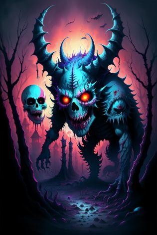 Colorful, mulitcolored, psychedelic, neon, glowing, monstrous horrors, nightmarish creatures, undead abominations, cursed beings, monsters and nightmares, grotesque abominations, cursed and monstrous, terror's incarnate, infernal beasts, bloodthirsty monstrosities, cursed and gruesome,
