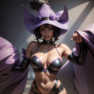 un impresionante, highly realistic photo of a black woman dressed as a Pok�mon gengar, with a vibrant representation of the costumes and a haunted backdrop.