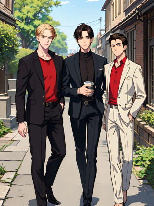 (absurdres, highres, ultra detailed), masterpiece, best quality, 3 man, handsome, black hair, brown hair, casual clothes, background is back alley, best light and shadow, trio friends, 1 black hair man ((sleek hair)), 1 brown hair man ((undercut hair)), 1 blond man ((stylish hair)), tall handsome man, hogwarts vibe, 3 friends, trio friends pose, charming men, (absurdres, highres, ultra detailed, HDR), masterpiece, best quality, anime, Anime cool ((Tall boy)), 3rd boy blond hair ((Tall boy)) ((blond hair)) , 3 boys, smile, sunshine, garden, handsome, short hair, looking at viewer, detailed face, ( black shirt ),(red shirt) cool boys, cold male, 8K, Best Quality, Masterpiece, Ultra High Resolution, (Realism: 1.4), Original Photo, (Realistic Skin Texture: 1.3), (Film Grain: 1.3), (Selfie Angle), best friend,Friendship, Trio friends, tall boys, black hair, brown hair,blonde hair, Tall charming masculine men in a group of 3 people.
