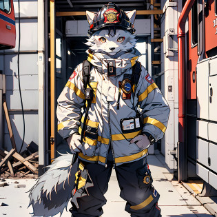high detail, hyper quality, high resolution, 1080P, solo, furry, (male arctic fox: 1.5), (gray fur: 1.3), gray skin, gray ears, golden eyes, sharp claws, (fluffy tail: 1.2), wearing a firefighter attire, wearing a firefighter top, wearing firefighter pants, wearing firefighter boots and a firefighter helmet, standing in front of the fire station