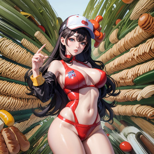 Hot Dog Idol Personification of hot dog Fusion of hot dog and human Hot dog costume Hot dog human Hot dog hat Hot dog shaped bag Big breasts Thin legs --auto --s2