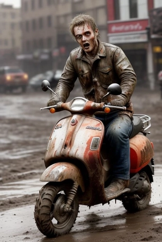 photo of (Zombie:1. 2) crazy, rusty, muddy Vespa 150 GS with off-road tires speeding very fast, speed motion blur, in action, movie scene, cinematic, raining, mud splash, muddy street, new york city ruins, explosion, fire, photo, realistic, intricate detail, ultra HD 8K