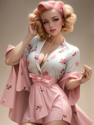 arafed woman in a pink robe posing for a picture, retro pinup model, pinup, pinup model, 1950s vibes, pinup pose, pinup art, girl pinup, pinup girl, ? cgsociety, pinup body, vintage pin up, pin up girl, pinup style, 5 0 s aesthetic, pin up, pin-up poster girl, ultra realistic face, ultra realistic hair, big boobs.