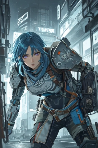 A combat ready female cyborg, neon, downtown tokyo background| centered| intricate| highly detailed| breathtaking beauty| precise lineart| vibrant| comprehensive cinematic| studio ghibli, style of breath of the wild, 8k