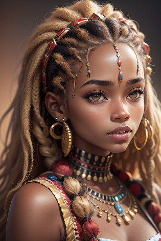 une jeune femme 16 ans, with blonde locks dreadlocks, et un collier oselet sur le cou, Adolescente Himba futuriste, Futuriste Himba Jeune Femme, Belle femme Himba futuriste, very realistic digital art, very realistic digital art, Superbe princesse africaine, Hyper-realistic faces, Beautiful and realistic faces, Hyper realistic digital art, Himba coiffure, Traits du visage africains, Princesse noire africaine, Ultra realistic digital art