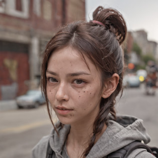 bare face,((Dirty face)),numb expression,neutral colors, ((((hdr)))), ((((muted colors)))), 1girl, a young woman, 30 years old, street smiling, backpack, stains, tattered clothes,ponytails, epic realistic, photo, faded, complex stuff around, intricate background, soaking wet, intricate scene, artstation, intricate details, vignette sharp focus, documentary film footage, high resolution photography, supple skin pores, real person, detailed skin texture, cinematic movie image, upper body shot, detailed skin, 20 megapixel, detailed face skin, movie grain, portrait, epic (photo, studio lighting, hard light, sony a7, 50 mm, matte skin, pores, colors, hyperdetailed, hyperrealistic) ::n_ (nsfw:1.5),hat, grayscale, black and white, poorly Rendered face poorly drawn face poor facial details poorly drawn hands poorly rendered hands low-resolution bad composition mutated body parts blurry image disfigured oversaturated bad anatomy deformed body features fused fingers too many fingers double heads, 3d render, drawing, painting, watermark, footnote, poorly Rendered face poorly drawn face poor facial details poorly drawn hands poorly rendered hands low-resolution bad composition mutated body parts blurry image disfigured oversaturated bad anatomy deformed body features fused fingers too many fingers double heads, cartoon, 3d, painting, drawing, (disfigured)+,(bad art)+, (deformed)+, (poorly drawn)+, (extra limbs)+,(close up)+, strange colors, blurry, boring, sketch, lackluster, face portrait, self-portrait, signature, letters, watermark, grayscale, hat, grayscale, black and white, poorly Rendered face poorly drawn face poor facial details poorly drawn hands poorly rendered hands low-resolution bad composition mutated body parts blurry image disfigured oversaturated bad anatomy deformed body features fused fingers too many fingers double heads, 3d render, drawing, painting, watermark, footnote, poorly Rendered face poorly drawn face poor facial details poorly drawn hands poorly re