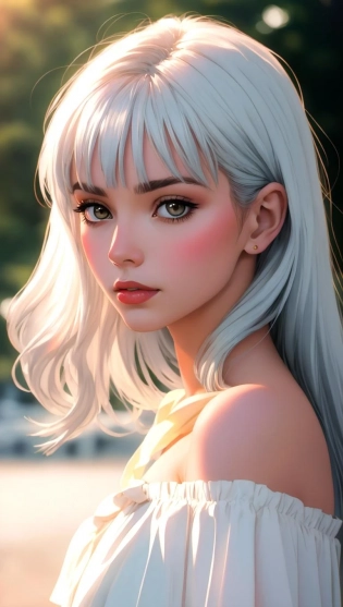 1 lady, solo, realistic face, sunset, beautiful, off shoulder dress, (silver white hair) long straight hair shy, looking away, blush, bangs, head tilt, high contrast, sharp, best shadow, photo, masterpiece, best quality, ultra high res, (photorealistic:1. 4), , high resolution, detailed, raw photo kodak portra 400 camera f1. 6 lens rich colors dramatic lighting <lora:v1. }5_add_detail:1>