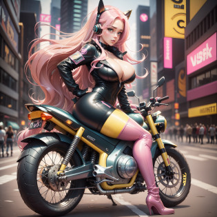 Fluttershy, Fluttershy from my little pony, Fluttershy in the form of a girl, voluminous figure, lush hair, luxurious hair, pink hair, big breasts, voluminous breasts, bulging breasts, elastic breasts, closed breasts, women's boots, in the metropolis, cyberpunk, future, on a motorcycle, sports tight yellow suit