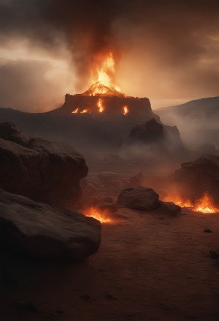 backgraund post apocalyptic post war battle background with burning ground and a high cliff, with burning rocks in the foreground, super realistic front view, 8k single piece, ultra real details, Sky darkens, smoke and dust obscure the carnage, The background and characters need to have a perspective relationship, The background needs to have an atmospheric feel, fire sparkle with snow, dramatic, immersive, exciting, incredible