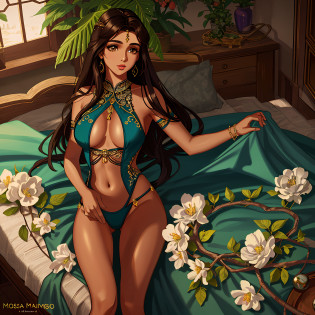 Photorealista, foto raw, hiper detalhado, background detalhado, luzes de Studio, aberra��o crom�tica, melhores sombras, solo, 1 woman,  Naomi Scott as princess jasmine, Brown skin, Brown eyes, wearing sexy Royal BLUE outfit in the palace bedroom, old arabia, ombros a mostra, umbigo a mostra, lace, makeup, tight Boobs, flores, plantas, shiny oiled skin, deitada na cama (((touching her own crotch))),  cinematic, realistic skin texture, hdr, 8k, sharp focus
