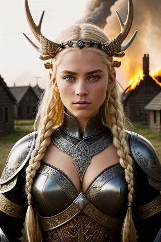 detailed and realistic photograph of a powerful Viking warrior princess in an intricate evil armor, enormous intricate moose crown, grand golden tiara crown, tribal, barbarian, Victoria secret, intricate armor, symbols on armor, beautiful symmetrical face, impressive braided platinum blonde hair, Symmetrical eyes, realistic eyes, (freckles:0. 65), (beauty spots:0. 5), realistic pale skin tone, looking into the camera, (((silhouette of a burning village in background))), night, outdoor, warm light, arrogant expression, medium closeup, photorealistic, Canon 5d, hyper realism, highly detailed, 100mm lens, award winning, hard rim lighting photography�beta �ar 9:16 �s 5000