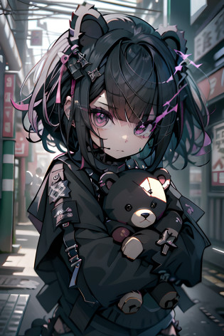 Stuffed bear?teddy bears?teddy bears?Gothic punk??Nipple Ring?hair adornments?A dark-haired?Pink and black color?bob cuts?Black Pink Shirt??Black shorts?Blunt bangs?Photorealsitic, hight resolution, 1 rapariga, Korea person, Eye of Fire?Afterimage of flame seen from the eye