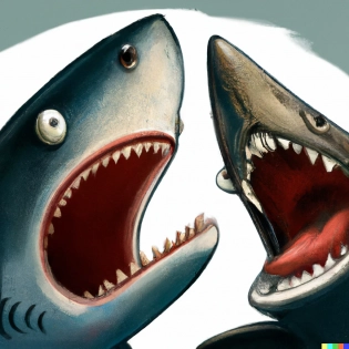 Photorealistic drunk shark yelling a story loudly to another unenthused shark