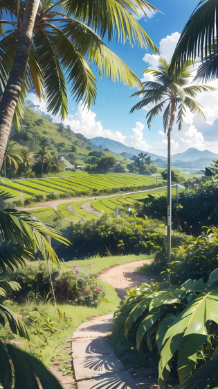 �Create a captivating image in a vibrant and dynamic style that represents the essence of Jamaica. In the center of the image, depict a lush tropical forest with towering trees, alongside fields of swaying sugar cane. Use a rich color palette, incorporating deep greens for the forest and vibrant shades of green for the sugar cane, capturing the diverse and abundant nature of the Jamaican landscape. To enhance the depiction of the sugar cane fields, include workers tending to the crops, showcasing the agricultural significance of sugar cane in Jamaica�s history and economy. Emphasize the tall stalks and vibrant green color of the sugar cane, bringing them to life in the composition. Integrate the lively and colorful birdlife found in Jamaican forests. Illustrate native birds such as the Jamaican Tody or the Red-billed Streamertail, known as the national bird of Jamaica. These birds, with their vibrant plumage and unique characteristics, add an element of beauty and enchantment to the image. In the background, capture the majestic Blue Mountains, their misty peaks rising in the distance. These mountains are not only a stunning natural feature of Jamaica but also contribute to the ideal conditions for growing coffee. Incorporate subtle elements that represent the coffee industry, such as coffee plants or a small coffee bean illustration. To add a touch of Jamaican culture, include individuals engaging in activities that reflect the island�s spirit, such as playing reggae music, dancing, or enjoying the vibrant local cuisine. Ensure that the composition portrays depth and movement, with birds soaring through the air, leaves rustling in the wind, and the warm glow of sunlight filtering through the forest canopy. This will create a sense of energy and immersion in the --auto --s2
