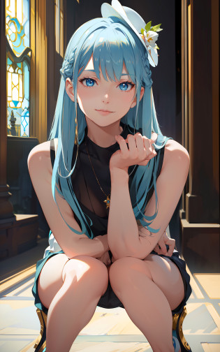 (Masterpiece, Elaborate Beautiful Eyes: 1.2), (Light Blue Hair: 1.2), (Zephyr's Eye Color: 1.1), Long Hair, Straight Hair, (Black Tank Top: 1.2), Realistic Lighting, Beautiful Lighting, Ray Tracing, Photorealistic, (Hyperrealistic: 1.2), High Resolution, 4K, 8K, (Highly Detailed CG, 8K Wallpaper: 1.1), Very elaborate and sharp digital illustrations, detail, realism, beautiful faces, very elaborate faces, ultra-realistic, masterpieces, detailed eyes, super detail, volume lighting, realistic shadows, intricate details, details, cheerful, smile, (white hat: 1.2)), silver necklace, high heels, (On the Beach: 1.2),
