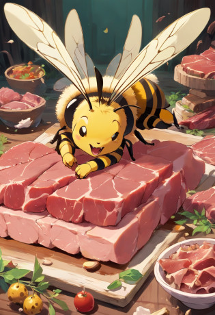 Generate a illustration where bee-like creatures are feasting on slices of meat. Depict these bee-like creatures holding the meat with their tiny legs and enthusiastically devouring it