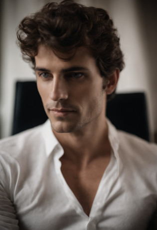 mbres sensuelles: The Handsome Enigmatic Look - Immerse yourself in sensual shadows with an extreme close-up that highlights striking and short eyes, curly short brown hair, (shaven:1.3), 40 ans. The mastery of light and shadow adds depth to its masculine aspect in this dramatic composition..... Captured with a Fujifilm GFX 100S and a Fujinon GF 63mm f/2.Objectif 8 R WR --ar 9:16 --s 350 --c 10 --style brut