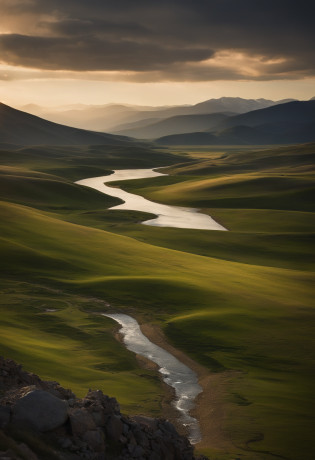 Aalfid view of the valley?A river runs through it, film Silk Road landscape, Stunning landscape, breathtaking landscape, Majestic nature, Mongolia, Landscape scenery, amazing landscape in background, Detailed scenery �width 672, grass mountain landscape, natural landscape beauty, beautifully lit landscape, stunning nature in background, serene vast landscape, Amazing landscape, very beautiful scenery