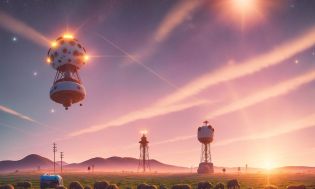 rural landscape, sunset, evening, stars, robots, distant control tower, single sun, few cumulus clouds, planet in the sky, blue sky, hovercraft, shining lights, sun rays, sun spots, smooth light, lens flare, Simon Stalenhag