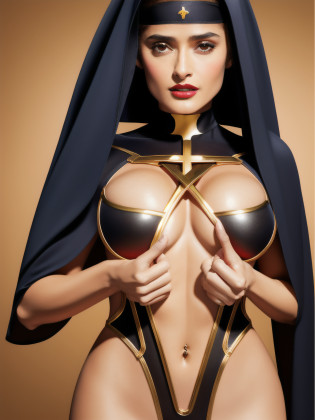 Salma Hayek, ginger hair,(stylish bob haircut), (natural big breasts), wearing ((warrior nun), superhero tight suit)1.2, (cleavage with gold cross plastron between natural boobs)1.4, (red lips lipstick), Realistic, perfect lighting, hyper realistic