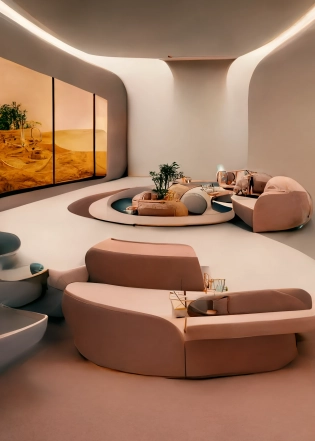 sunken living room conversation pit 70s, retrofuturism interior design, imaginary 3d dreamy 8k blender architecture render, neutral beige color scheme --h 360