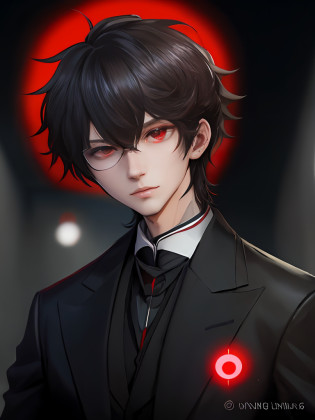 One in a suit?Close-up of red eyes, Tall anime guy with blue eyes, persona 5 art style, persona 5 style, persona 5 phantom thief style, persona 5 art style wlop, inspirado em Okumura Masanobu, persona 5 inspired, portrait gapmoe yandere grimdark, with red glowing eyes