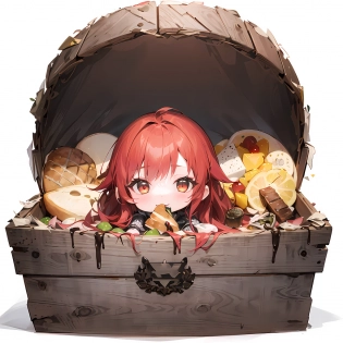 (masterpiece), (((high quality, best quality:1. 3))), (best illustration), (emoji sticker:1. 2), (((chibi:1. 4))), GIRL, fantasy, colorful, vivid, girl focus, cute, lovely, kawaii, conceptual art, character portrait, white background, (((a wooden box with a girl inside of it with a lot of foods in it:1. 4))), solo, big wooden box, a lot of foods, sandwich, tarot, jam, bread, eating foods, inside of box