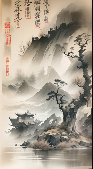 ink and watercolor painting?Draw on rice paper?Use thick, Light ink to create shading variations and layers?Choose the right ink color?Such as deep black?Thick gray?Light coffee, etc?Express different situations and atmospheres?Control the gradient and transition of ink color by the humidity and consistency of the ink?mont?Eau?the trees?Lake surface?Small broken boat?Bleak, Desolate, Solitude?Black and white tones?dead tree? Traditional Chinese Ink Painting, Traditional Chinese art, author?Guo Xi, author?Ma Yuanyu, Traditional Chinese painting, author?Xu Xi, author?Luo Mu, author?Yang Buzhi, author?Li Kelan, author?Gu An, Ink painting ) ) ) ), Chinese ink painting, Chinese painting style