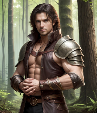 Beautiful realistic photo, A man stands near a tree, leaning against it, (Correct anatomy of the hands), Dressed in a closed suit, The torso is covered with armor, Shoulder-length dark hair, beatiful face, With clean skin, The man was wounded in the side, Anger and rage on his face, detailing, Correct anatomy of the hands; beatiful face, Clean skin, tanning on the skin, The background is a summer forest thicket, romance novel cover, romance book cover, Romantic Fantasy, Book Cover Style, novel, Urban fantasy cover of the novel, The cover of a fantasy book, Fantasy genre portrait