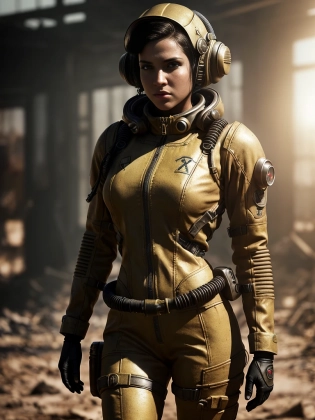 female dressed in fallout suit, apocalyptic bacground, (((full body visible))), looking at viewer, portrait, photography, detailed skin, realistic, photo-realistic, 8k, highly detailed, full length frame, High detail RAW color art, piercing, diffused soft lighting, shallow depth of field, sharp focus, hyperrealism, cinematic lighting