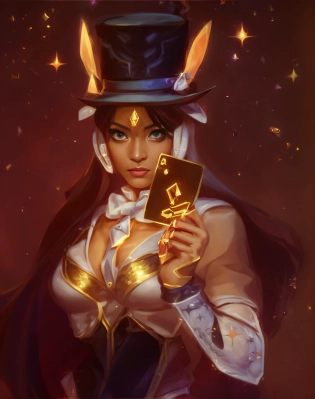 a close up of a woman holding a card and wearing a top hat, female magician, samira from league of legends, qiyana, senna from league of legends, ashe, symmetra from overwatch, beautiful stella maeve magician, from league of legends, mtg art style, caitlyn from league of legends, card art, dark fantasy female magician, from overwatch