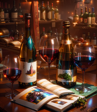 A bottle of wine and a glass of wine are placed on the table?There is a book on it, Wine, photorender, wining, rendering, photo mid shot, high resolution product photo,  high res photograph, Close portrait, enhanced photo, photo - shot, highly detailed composition,  Vista photos, napa, Shooting, a variety of poses?with black background, Wine culture and heritage?cyber punk style