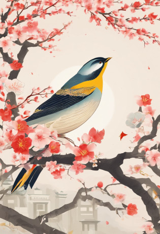 Spring?Traditional Chinese solar terms?early spring?(((Spring flowers)))?There is in the upper left corner(Standing Spring Festival)two characters?Brush writing?There are national style flower branches((Thrush))
