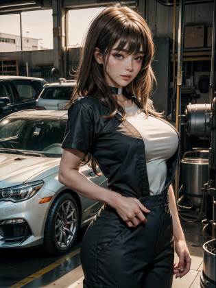 masuter piece, best qualtiy, ((realisitic)), ((1 person)), 8K picture quality, extremely�delicate and beautiful, magnifica, Official art with attention to detail, Ridiculous, unbelievable Ridiculous, huge filesize, ultra-detailliert, ighly detailed, (kawaii girl), (More girls), (Korean  beauty), light brown hair, ((Perfect female figure)), large full breasts, Slim waist, big butts ,((car mechanic)), ((Short sleeve mechanic suit)), With bangs, Feminine look, (ssmile), Car repair shop