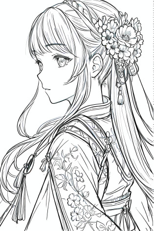 masterpiece, acura, 1girl, solo, hanfu, long hair, profile close-up, flower line drawing background, white background, monochrome, line drawing, ((sketch))