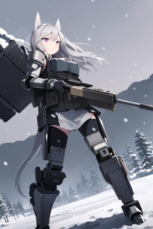 masterpiece, 1girl, aurora e. juutilainen, standing, purple eyes, animal ears, long silver hair, (tank legs, mechanical legs, heavy armor), holding, heavy weapon, tank cannon, machine gun, eye visor, futuristic, snow, tundra, detailed weapon, large weapon