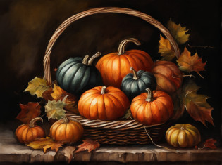 pumpkins in a basket, dark background, --Caravaggio style, --no frames or canvas