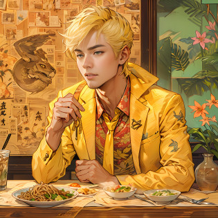 A handsome yellow-haired young man in a yellow suit?Sitting at the table, I couldn't wait to look at the beef noodles in front of me ,in the style of the stars art group xing xing, 32K, Best quality, Masterpiece, Super detail, High details,