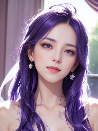A girl in a purple wedding dress?The wedding dress is dignified?star-kafka?PureErosFace?ssmile?Blue-purple hair?detailed hairs?bluish violet eyes?sharp sharp eyes?Natural soft light?The light from the back window is backlighted?Fantastic background?viewer gaze?Center the lens?Positive perspective?