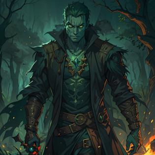 A beautiful human and handsome man A villain for RPG A poisonous and venomous villain He is in a swamp with many magical gases and black magic A dark forest This man is handsome and has eyes like a reptile's He is from a cold-blooded tribe A dark and gloomy place illustrating the image and a dark and cold look this man is handsome, but an image that represents his poisonous essence with a few traces of green in his costume on this character to illustrate An art for RPG A character for RPG A villain RPG RPG Medieval RPG Art RPG fantasy RPG an illustration for RPG A digital art with cinematic lights and green smoke