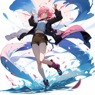 [?Pink cloud background)]?[(White background:1.4)::5]?isometric?1.0?? 1girls? mid-shot? (full - body)? Cloud waves? Light source splash? heavens? light particules? ?arma\?,pink short hair?Large bow hair ornament on the head?Near-future cyberpunk jacket?Golden eyes?Bounce?Standing painting style?Short girl?Cutes?Haha?dynamism?hotpants?Dynamic?Cloud particles?One leg bent?Jump up?Fluttering petals