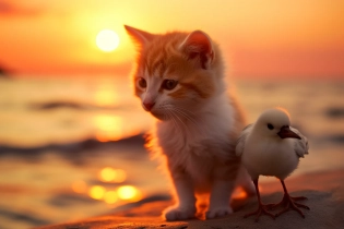 a cute orange kitten is hugging a seagull on a tropical beach at sunset, emotive, dynamic, cute --ar 3:2 --q 2 --s 750 --v 5. 2