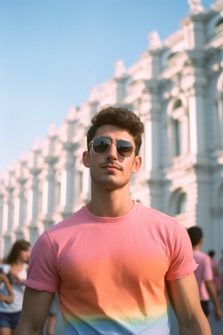 hyper realistic photograph, in Tbilisi, near the parliament building, a lot of people rally LGBT, summer :: film grain, Kodak portra 800, f5. 6, golden hour --ar 3:2 --beta �upbeta;